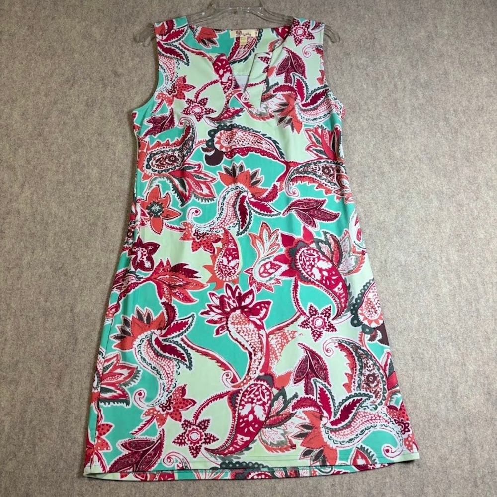 Aryeh Shift Dress Womens Medium Green Paisley Nylon Blend Boho Coastal Chic
